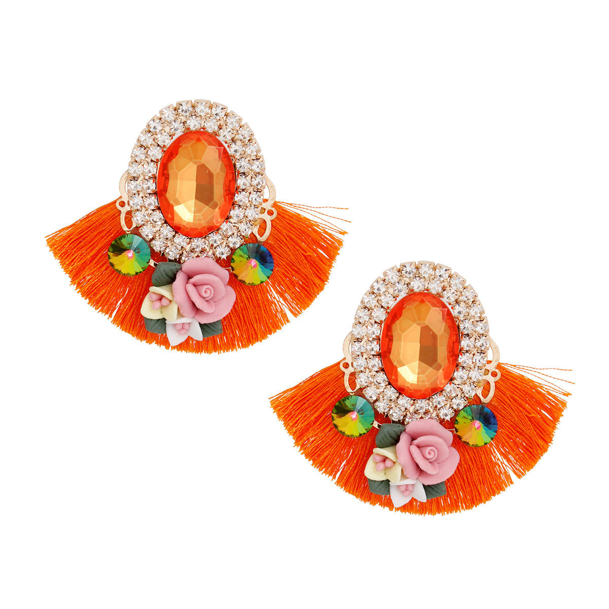 Studs Orange Crystal Fan Tassel Floral Earrings - Premium Wholesale Jewelry from Pinktown - Just $14! Shop now at chiquestyles
