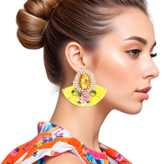 Studs Yellow Crystal Fan Tassel Floral Earrings - Premium Wholesale Jewelry from Pinktown - Just $14! Shop now at chiquestyles