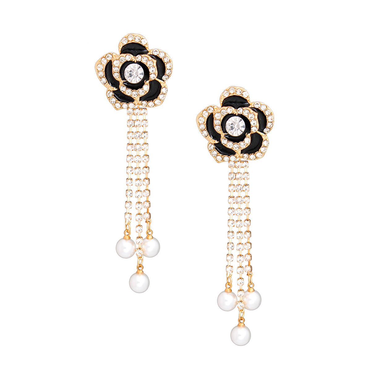 Drop Black Rose Pave Fringe Gold Earrings Women - Premium Wholesale Jewelry from Pinktown - Just $12! Shop now at chiquestyles