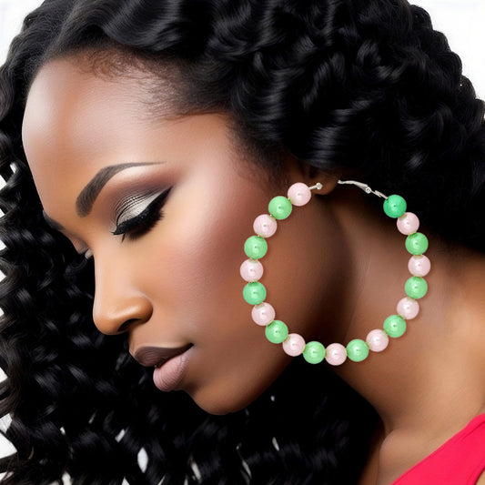 AKA Sorority Pink Green Pearl Hoops for Women - Premium Wholesale Jewelry from Pinktown - Just $5! Shop now at chiquestyles