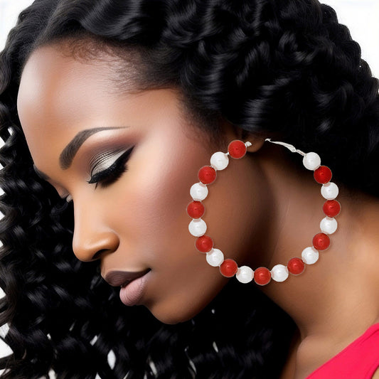 DST Sorority Red White Pearl Hoops for Women - Premium Wholesale Jewelry from Pinktown - Just $5! Shop now at chiquestyles
