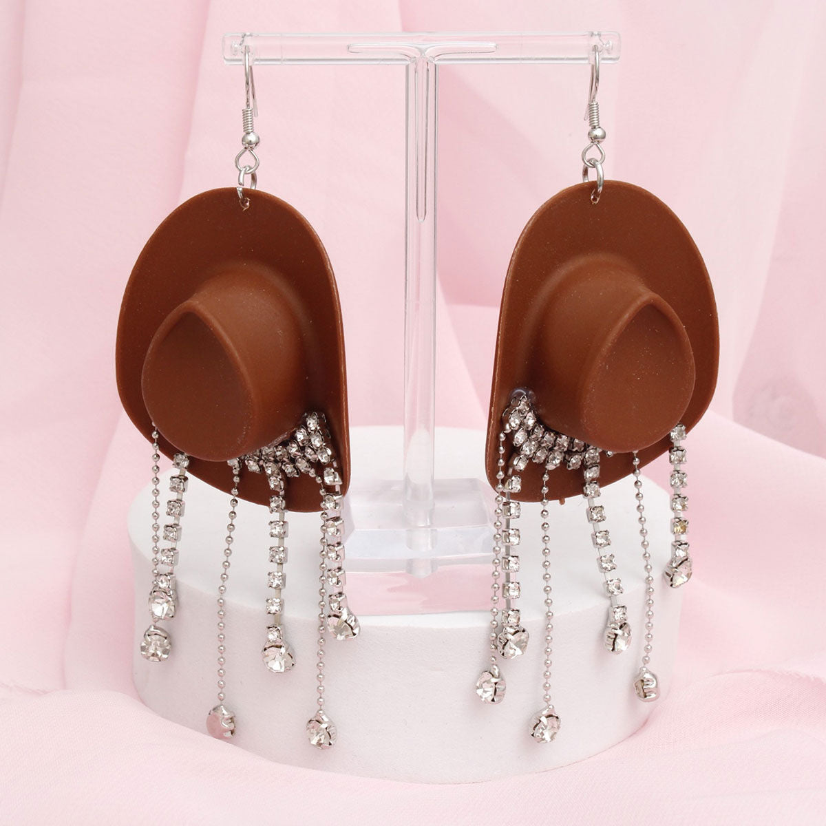 Fish Hook Brown Cowgirl Hat Fringe Earrings