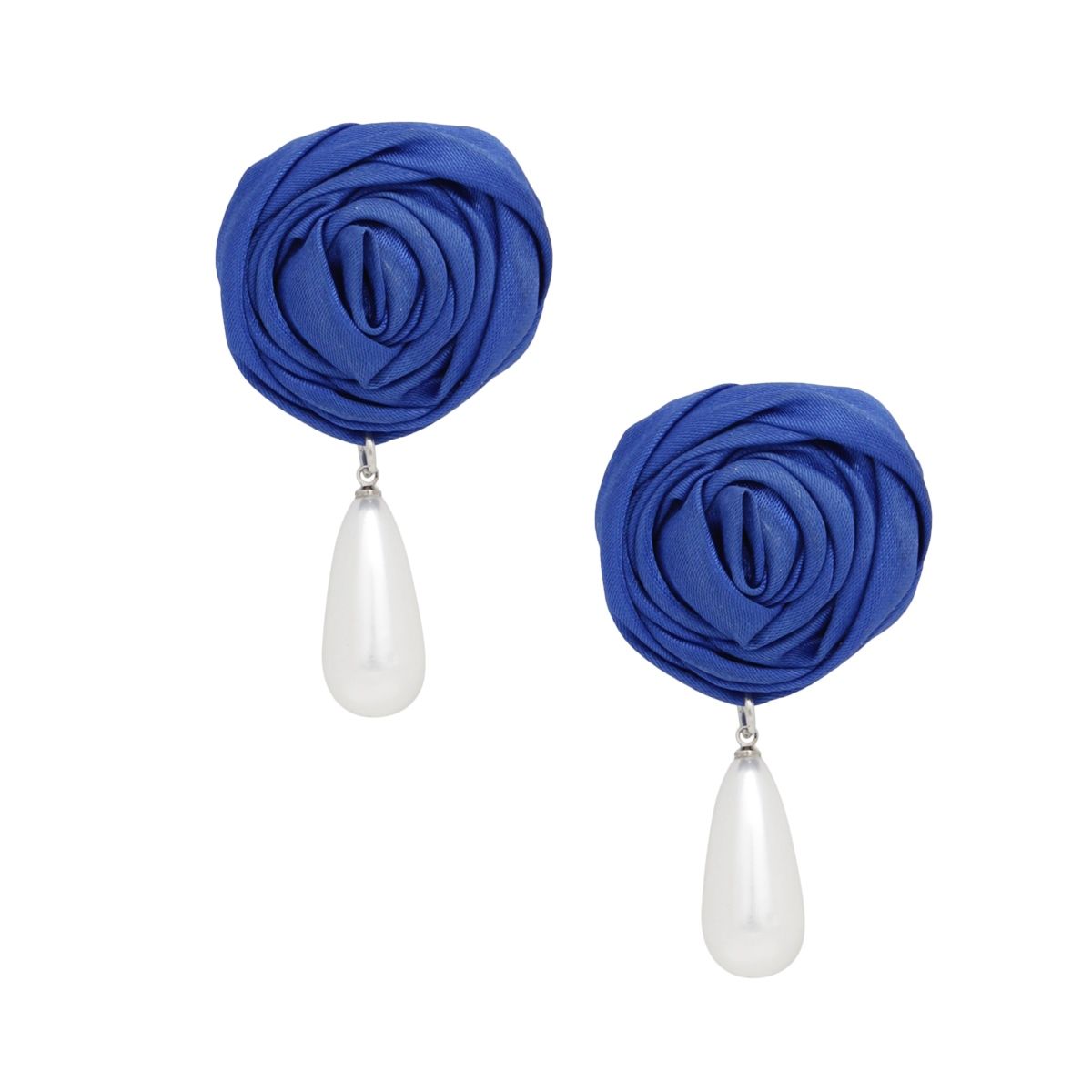 ZPB Blue Rose White Pearl Teardrop Stud Earrings