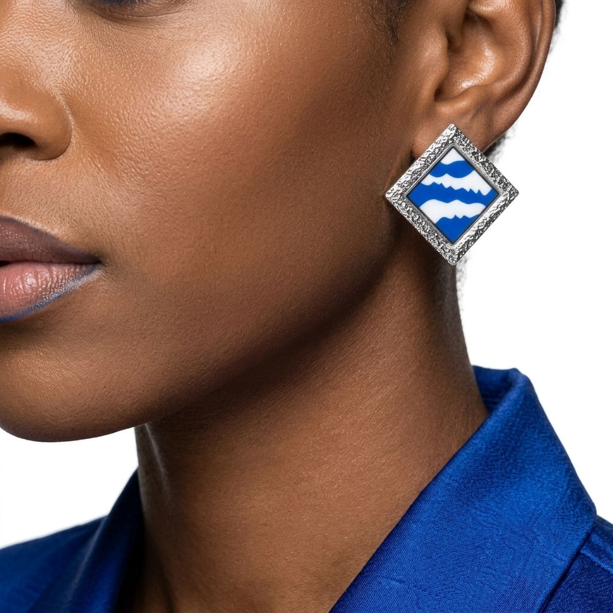 ZPB Blue Wave Silver Framed Art Clip On Earrings