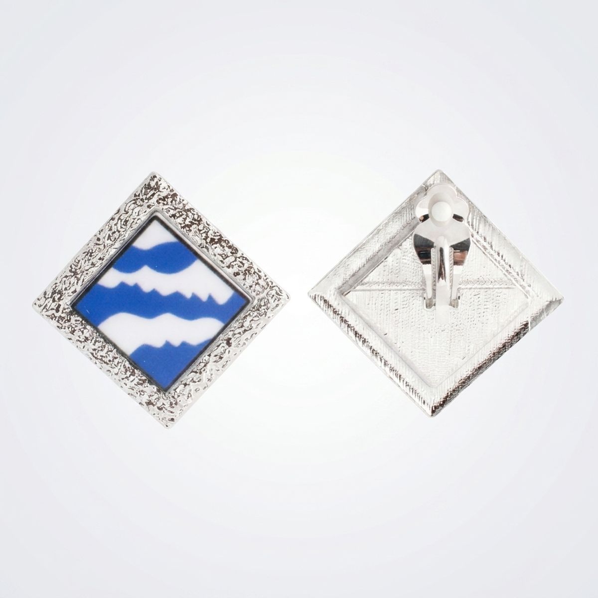 ZPB Blue Wave Silver Framed Art Clip On Earrings