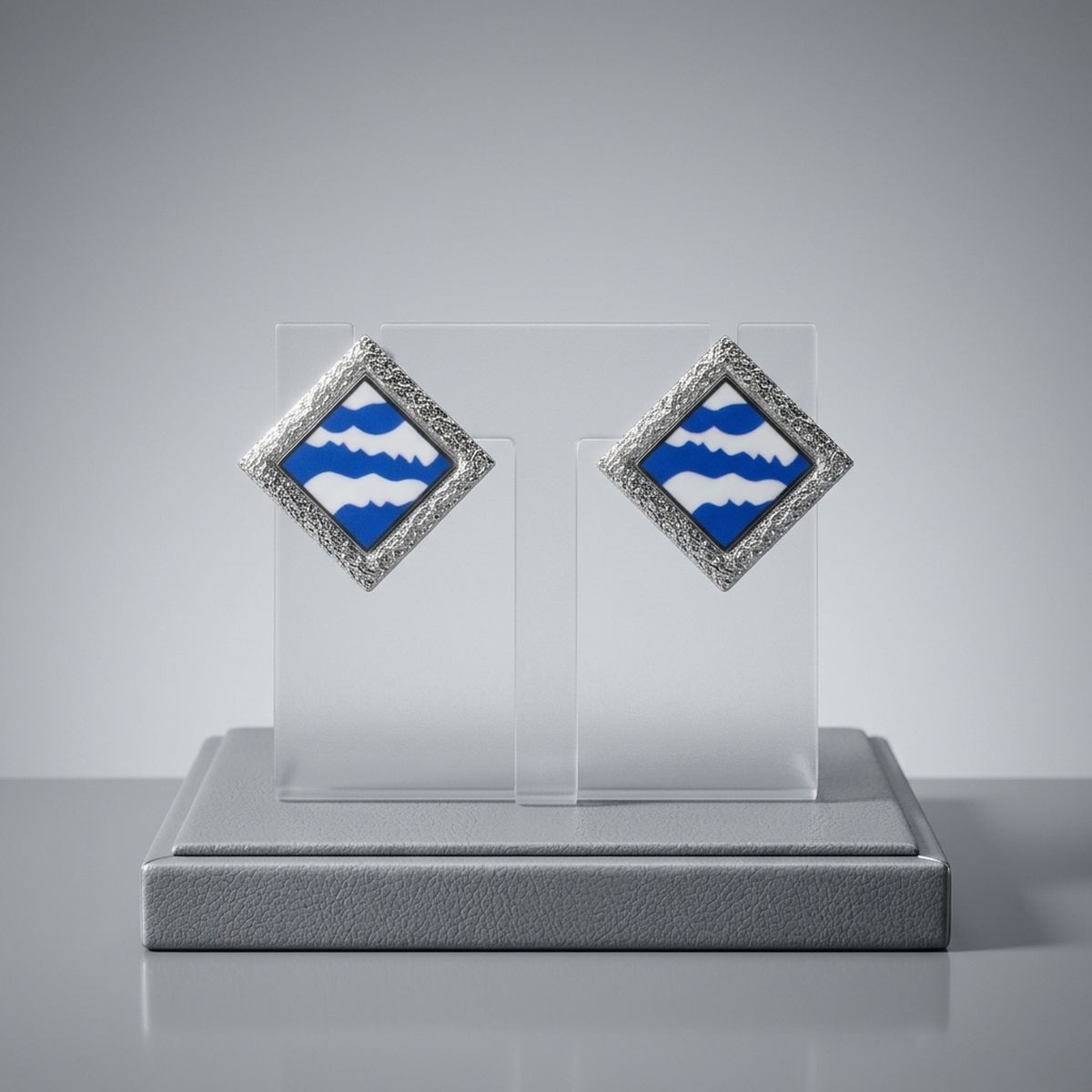 ZPB Blue Wave Silver Framed Art Clip On Earrings