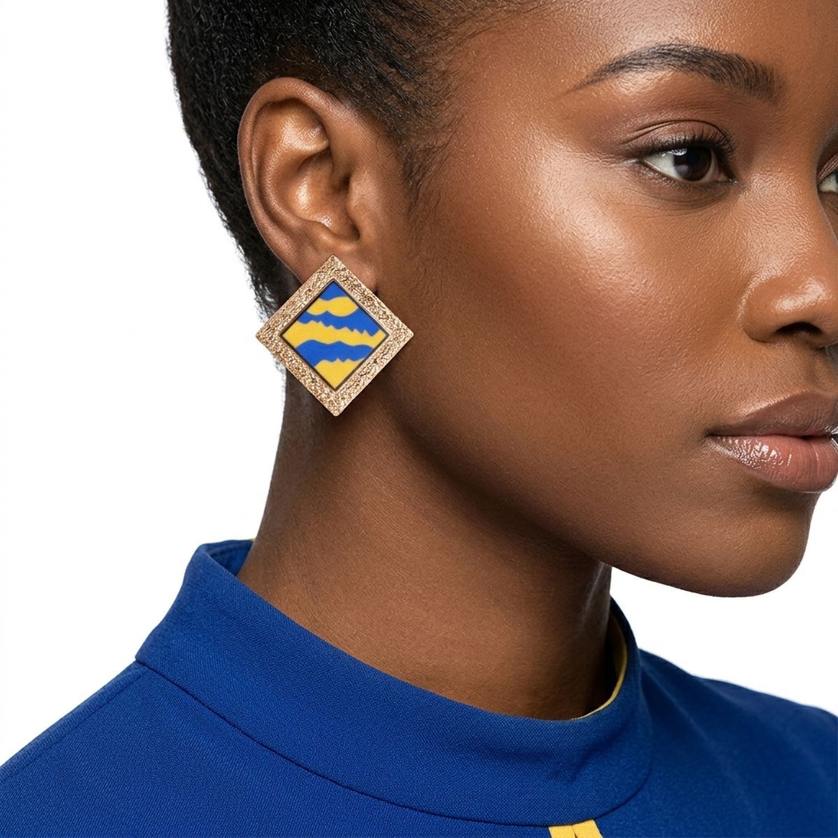 SGRHO Blue Wave Gold Framed Art Clip On Earrings