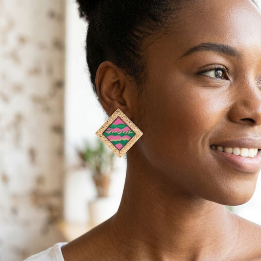 AKA Pink Wave Gold Framed Art Clip On Earrings
