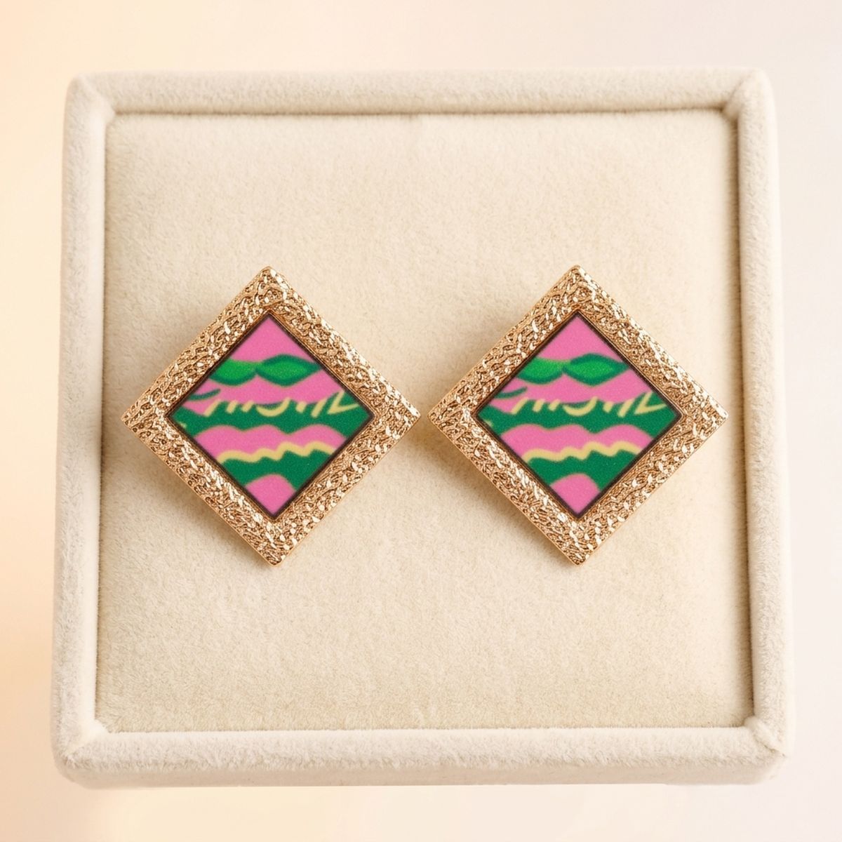 AKA Pink Wave Gold Framed Art Clip On Earrings