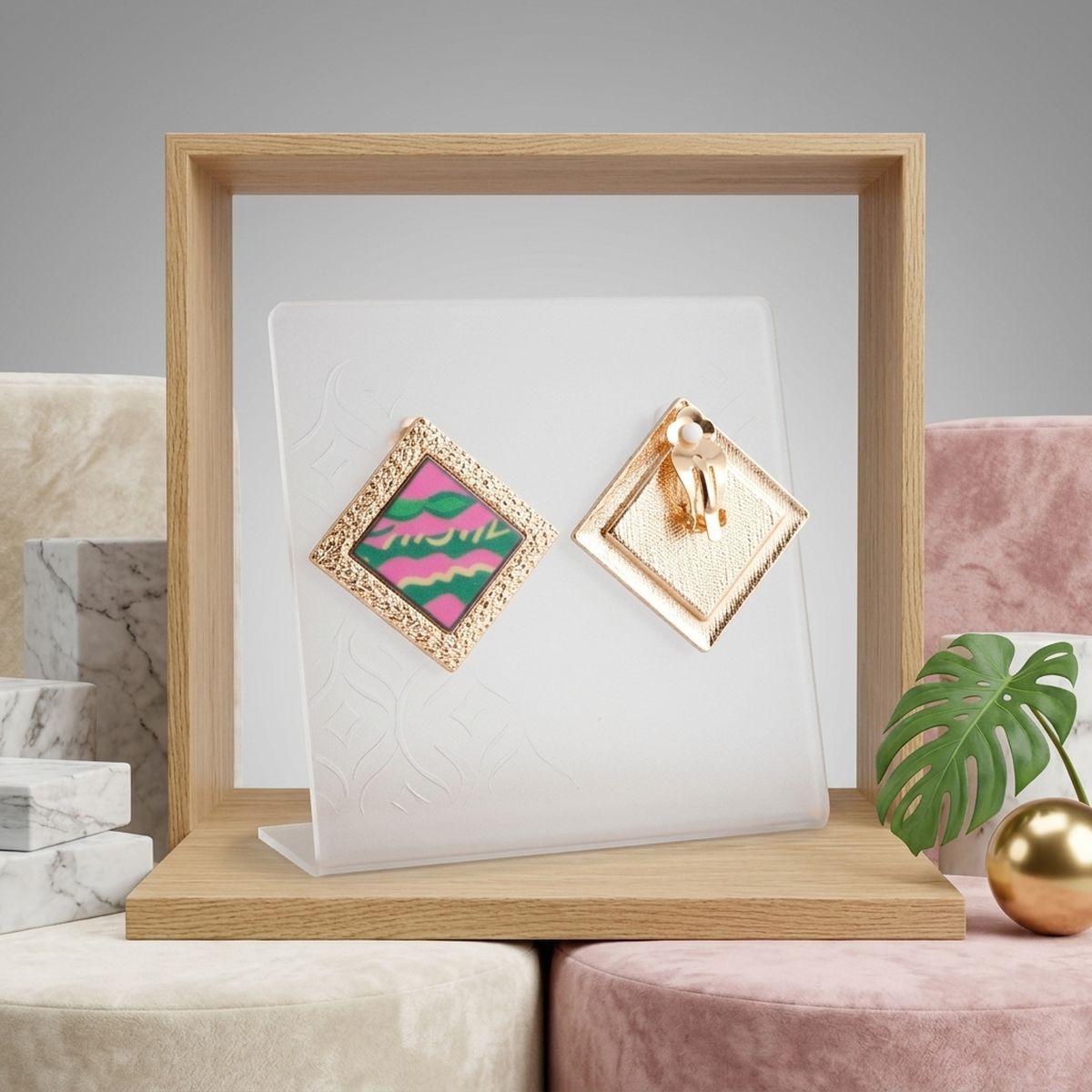 AKA Pink Wave Gold Framed Art Clip On Earrings