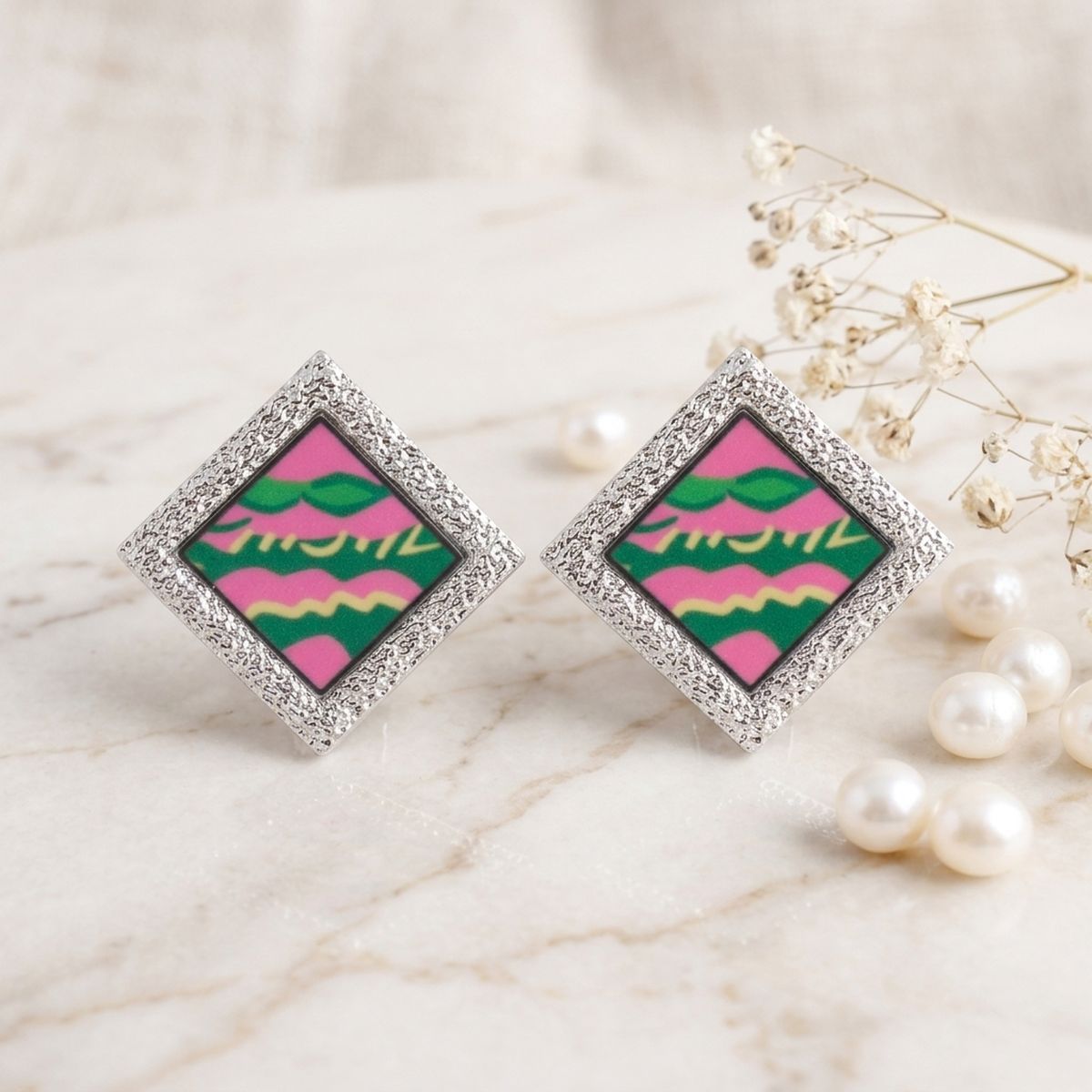 AKA Pink Wave Silver Framed Art Clip On Earrings