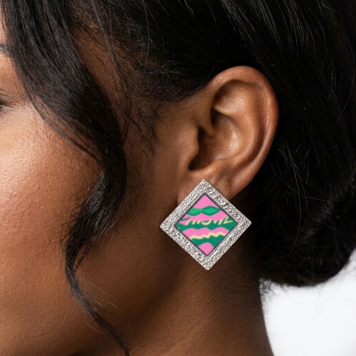 AKA Pink Wave Silver Framed Art Clip On Earrings