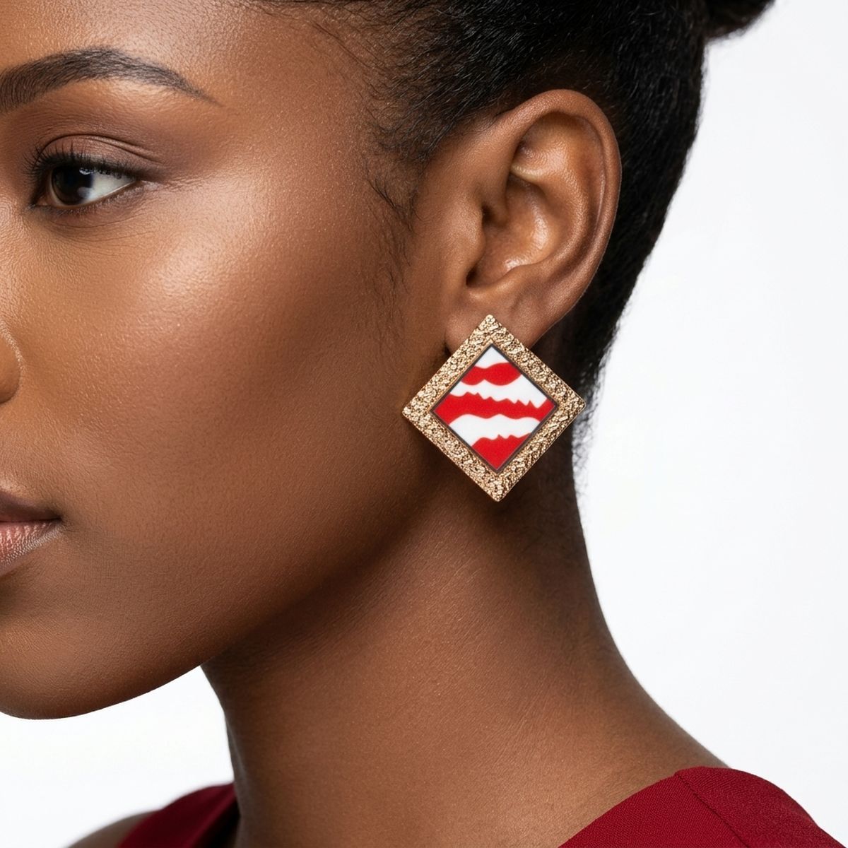 DST Crimson Wave Gold Framed Art Clip On Earrings