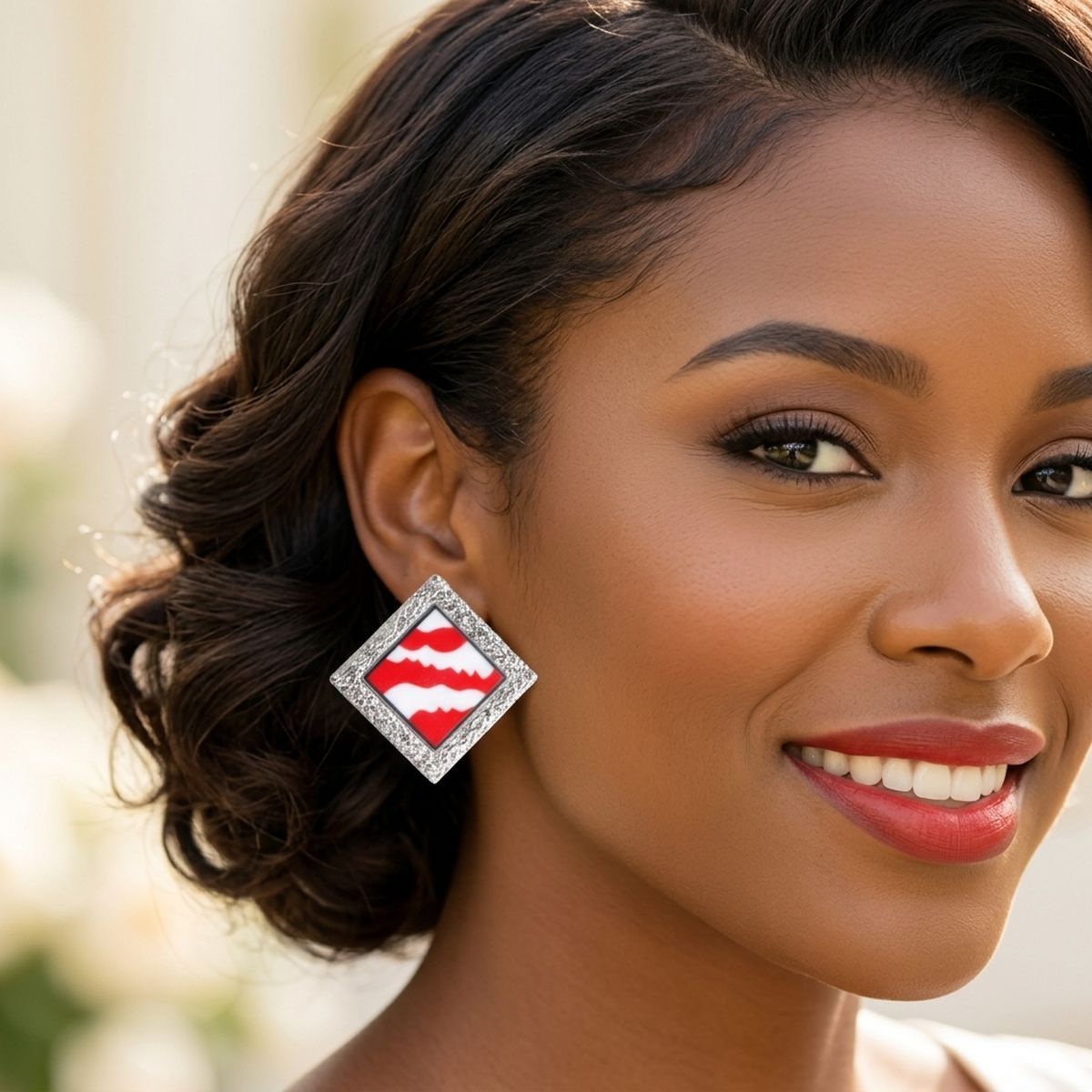 DST Crimson Wave Silver Framed Art Clip On Earrings
