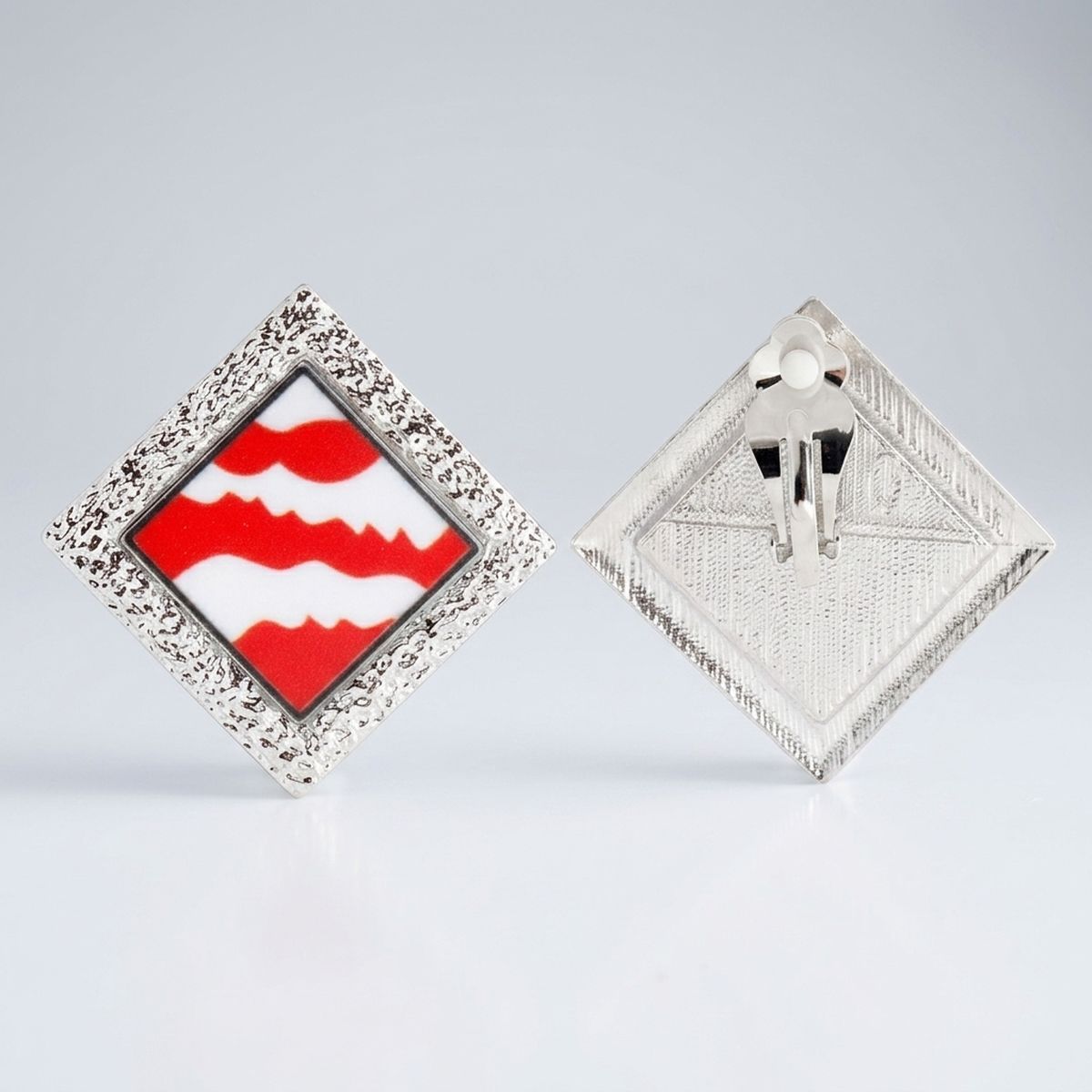 DST Crimson Wave Silver Framed Art Clip On Earrings