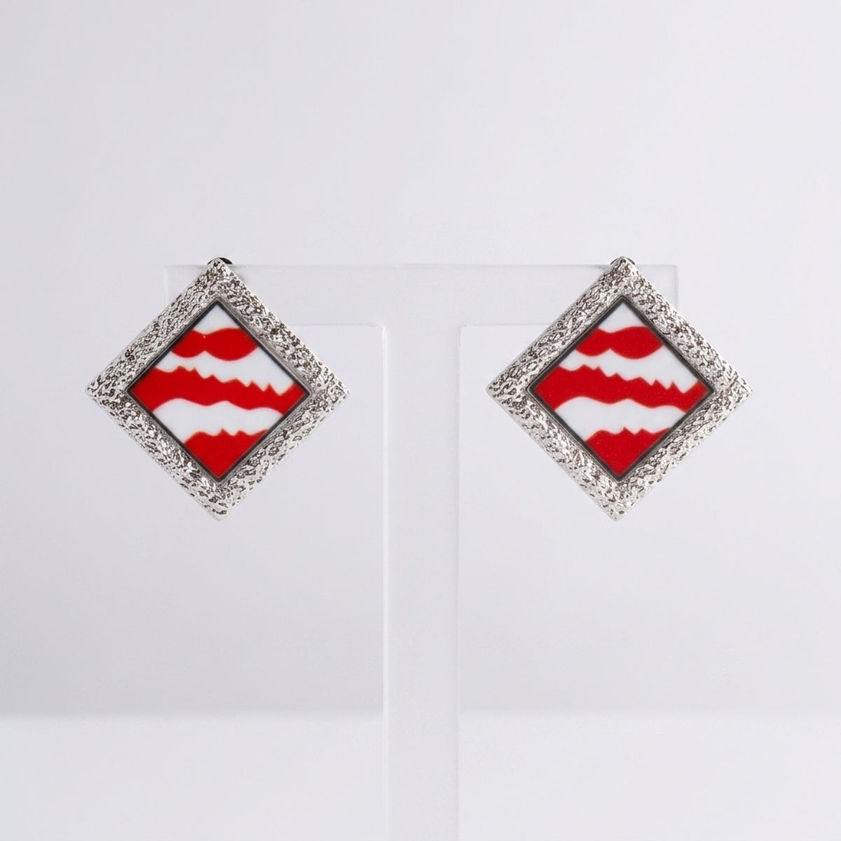 DST Crimson Wave Silver Framed Art Clip On Earrings