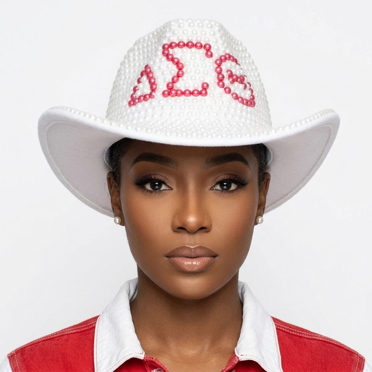 DST Sorority White and Red Pearl Fedora Hat Women