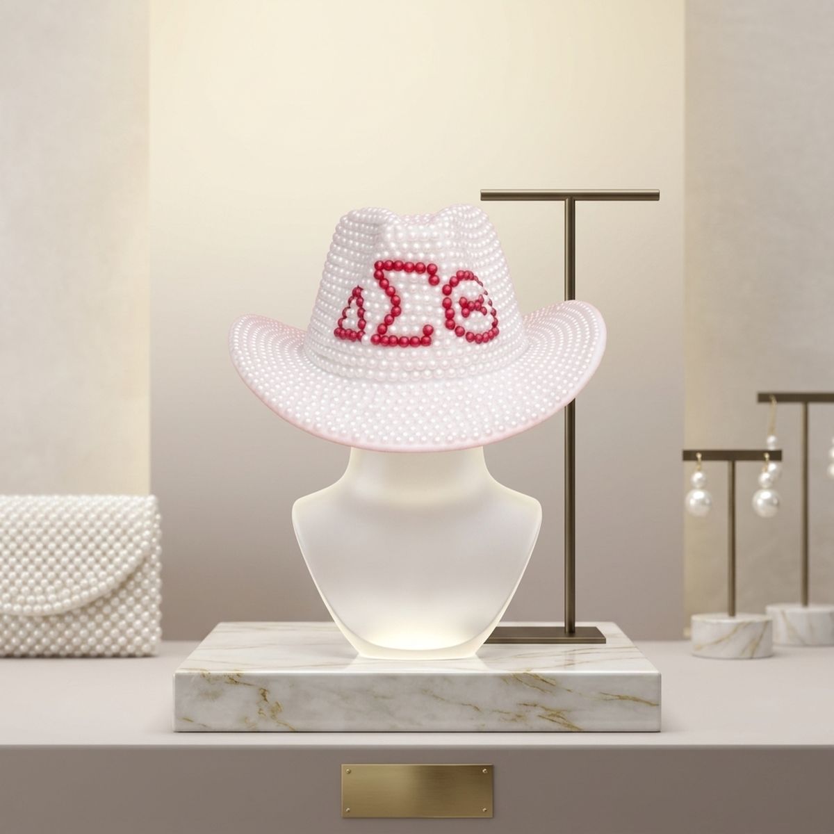 DST Sorority White and Red Pearl Fedora Hat Women