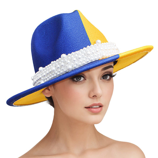 SGRHO Sorority Gold Blue Fedora Pearl Band Hat - Premium Sigma Gamma Rho Paraphernalia from Pinktown - Just $25! Shop now at chiquestyles