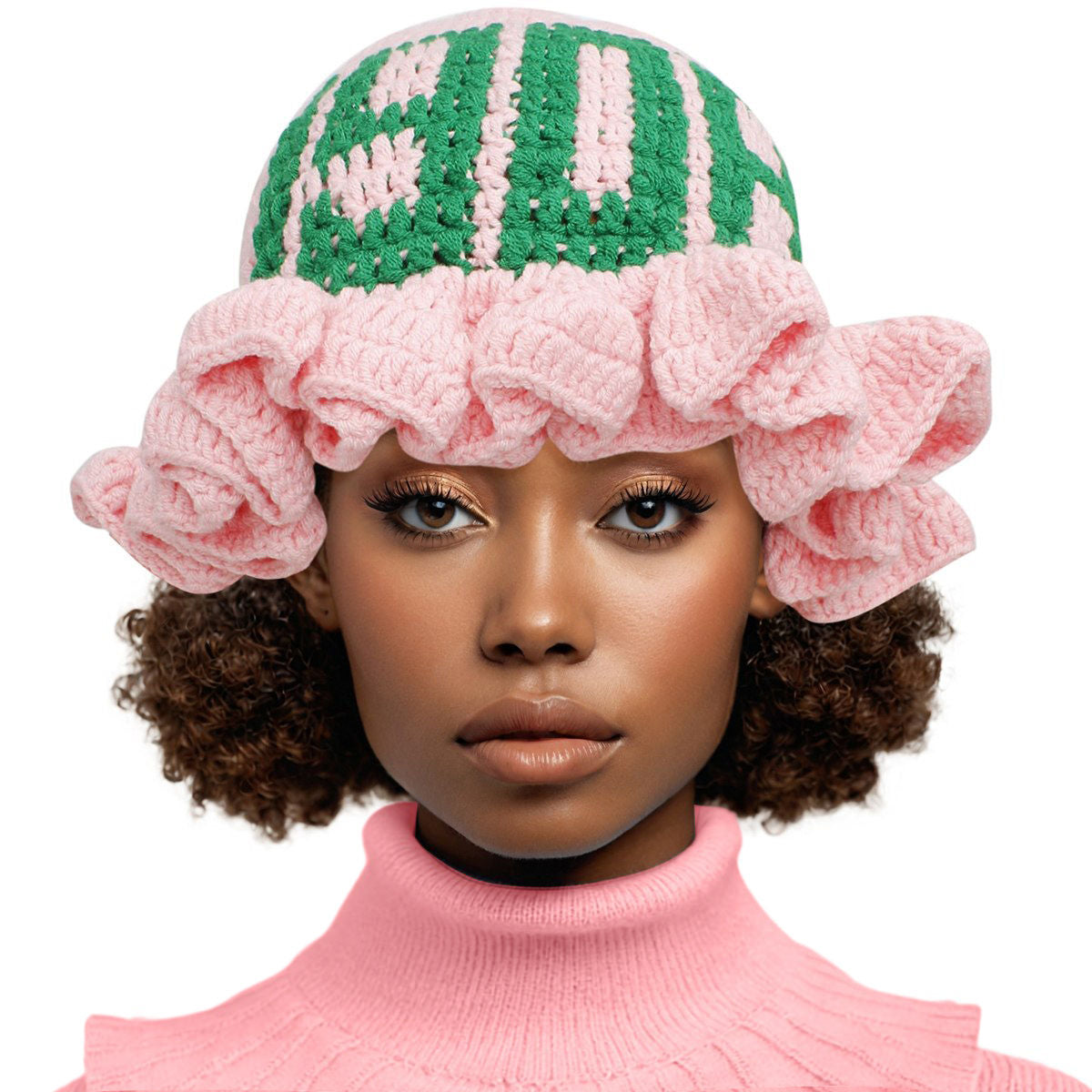 AKA Sorority Pink Crochet Ruffle 1908 Bucket Hat