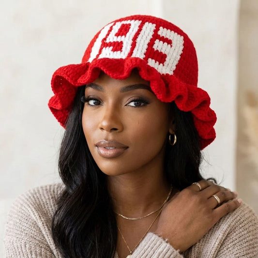 DST Sorority Red Crochet Ruffle 1913 Bucket Hat