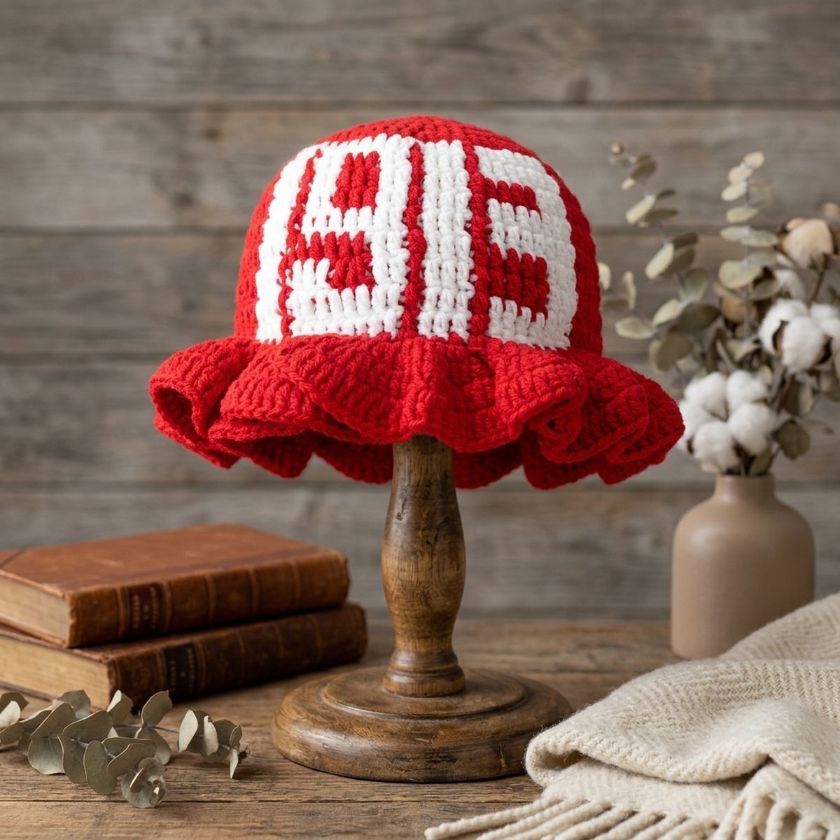DST Sorority Red Crochet Ruffle 1913 Bucket Hat