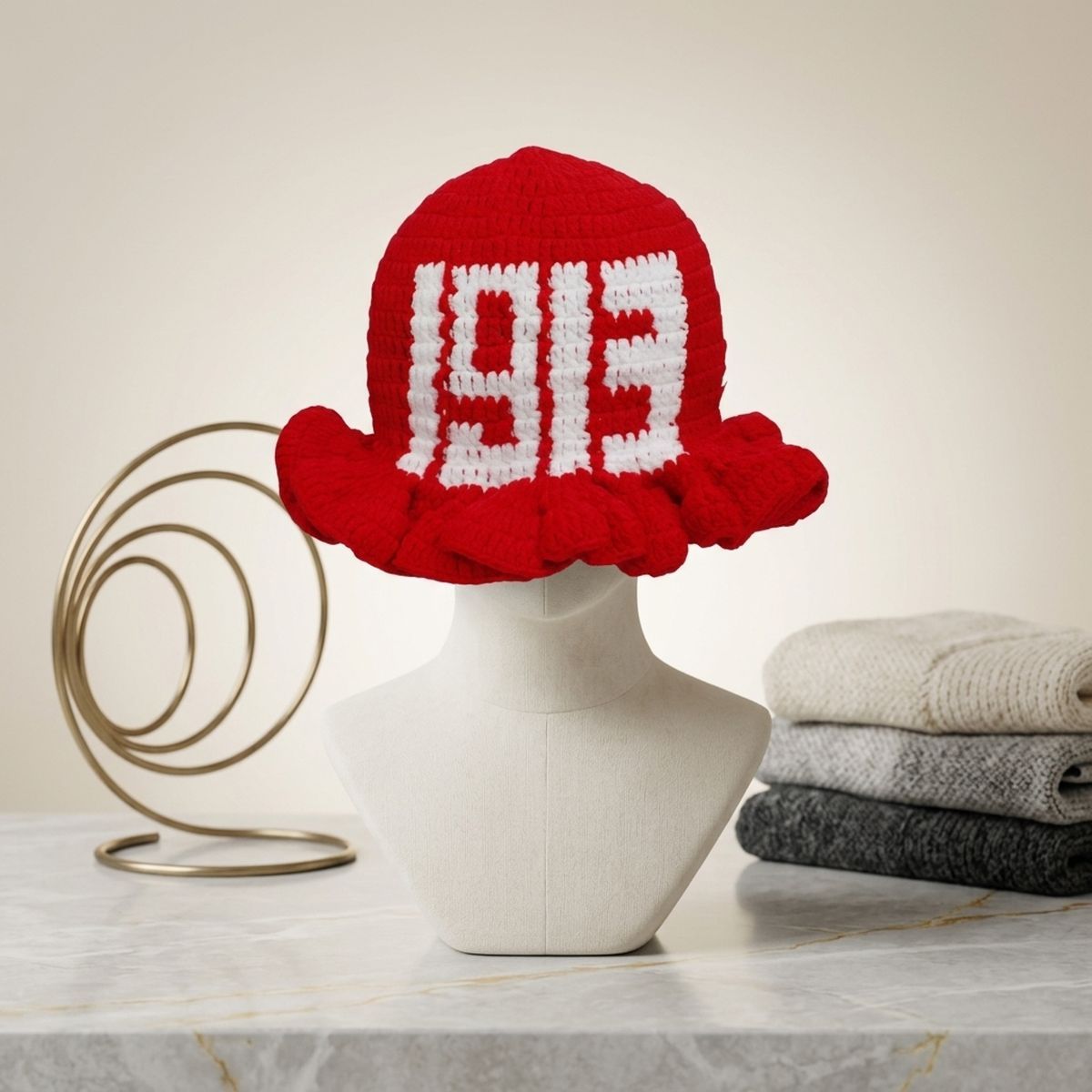 DST Sorority Red Crochet Ruffle 1913 Bucket Hat