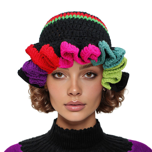 Black Crochet Multicolor Ruffle Bucket Hat Women