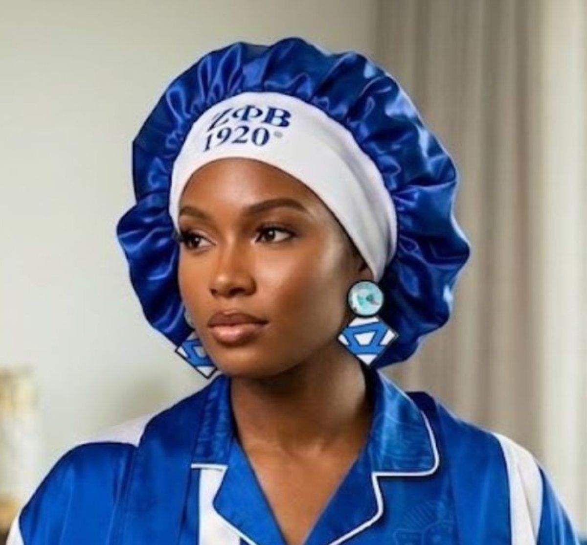 ZPB Blue Silky Satin & Contrast Band Sleep Bonnet