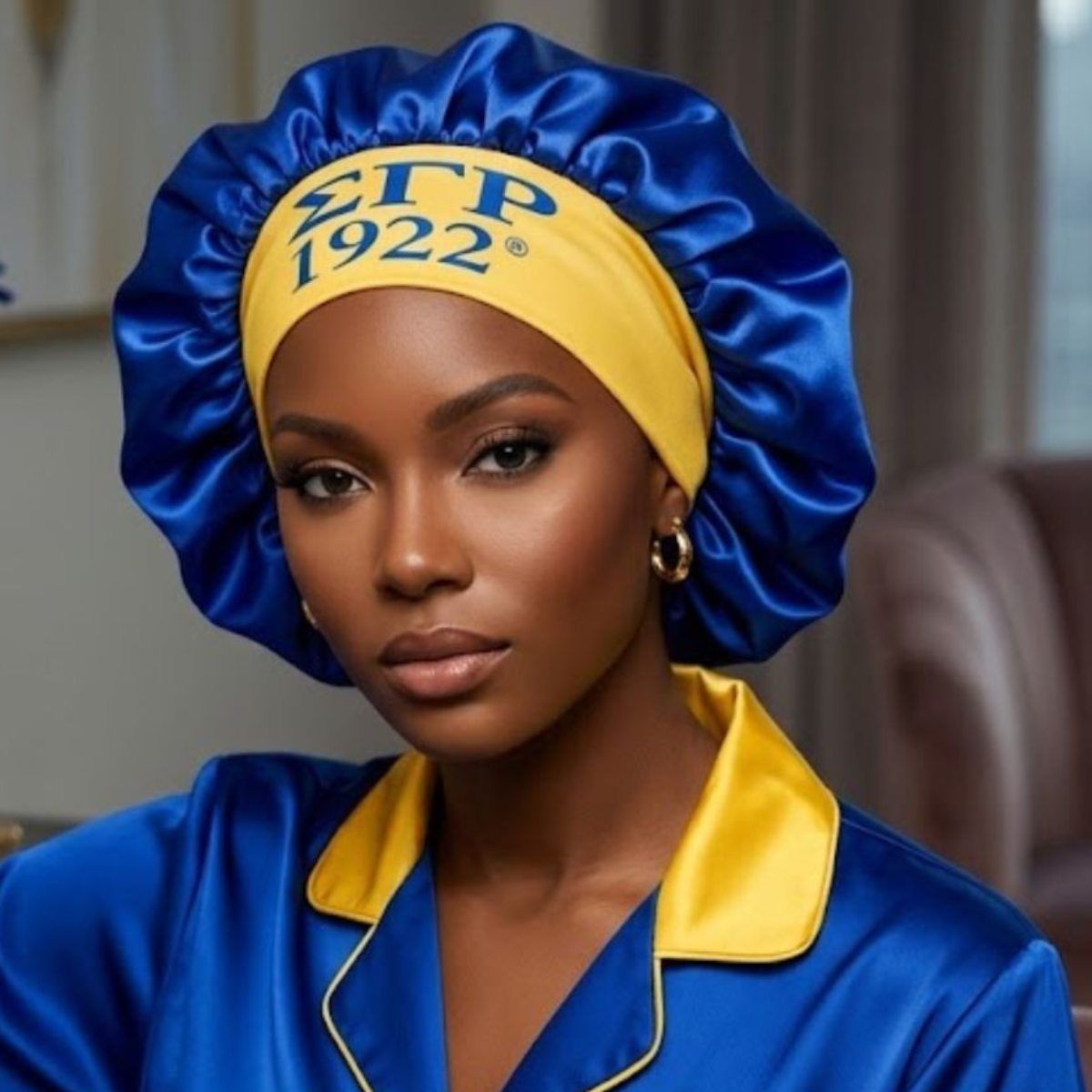 SGRHO Blue Silky Satin & Contrast Band Sleep Bonnet