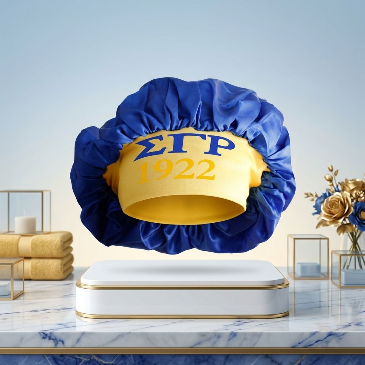 SGRHO Blue Silky Satin & Contrast Band Sleep Bonnet