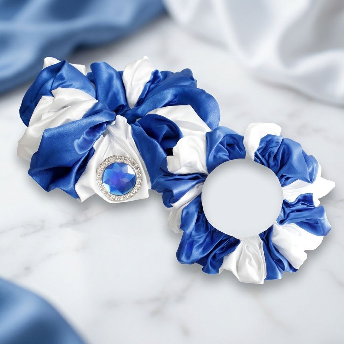 ZPB Blue & White XL Silky Jeweled Hair Scrunchie