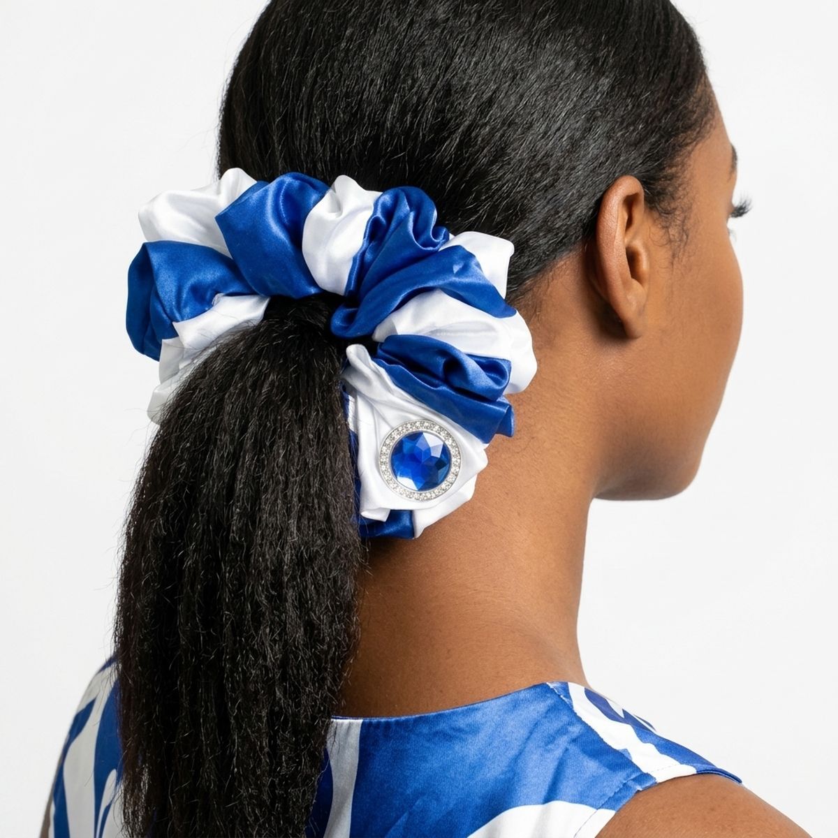 ZPB Blue & White XL Silky Jeweled Hair Scrunchie
