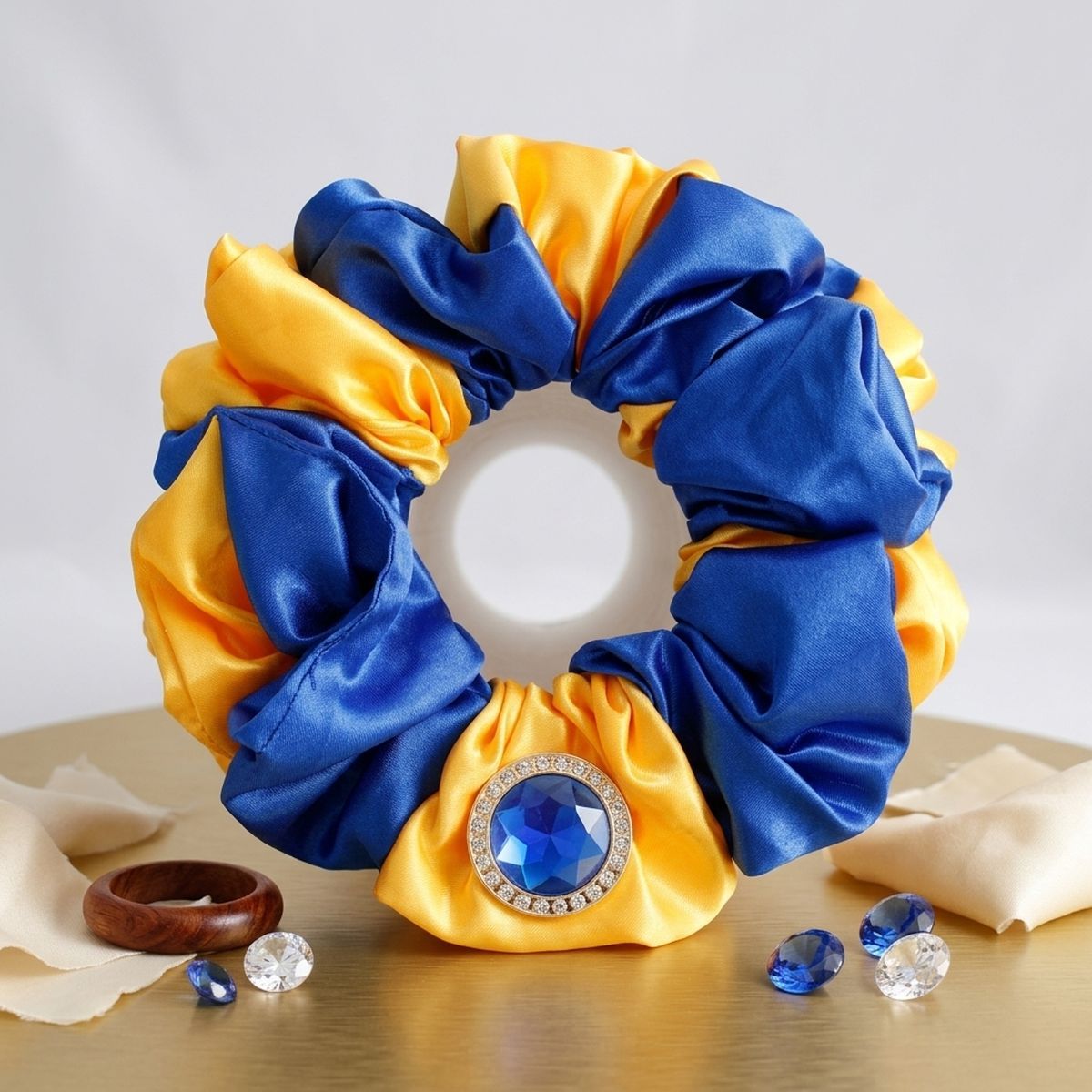 SGRHO Blue & Gold XL Silky Jeweled Hair Scrunchie
