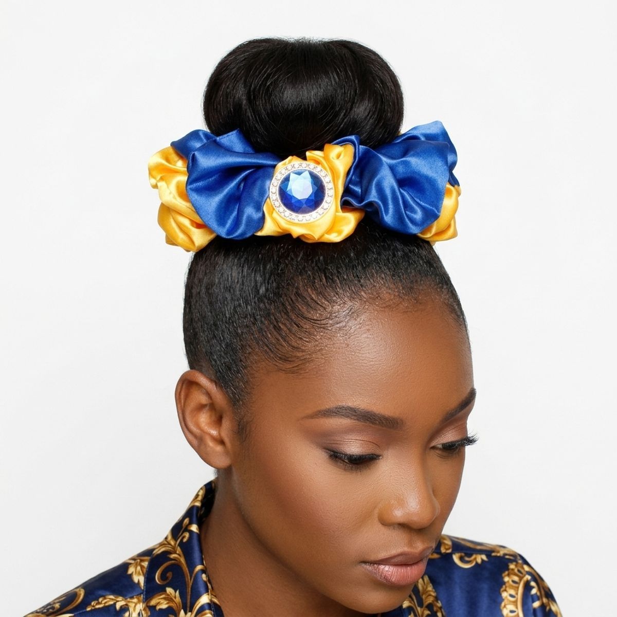 SGRHO Blue & Gold XL Silky Jeweled Hair Scrunchie