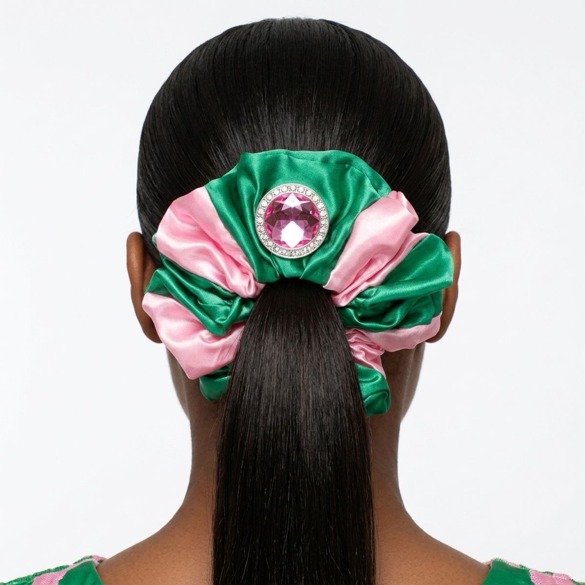 AKA Pink & Green XL Silky Jeweled Hair Scrunchie