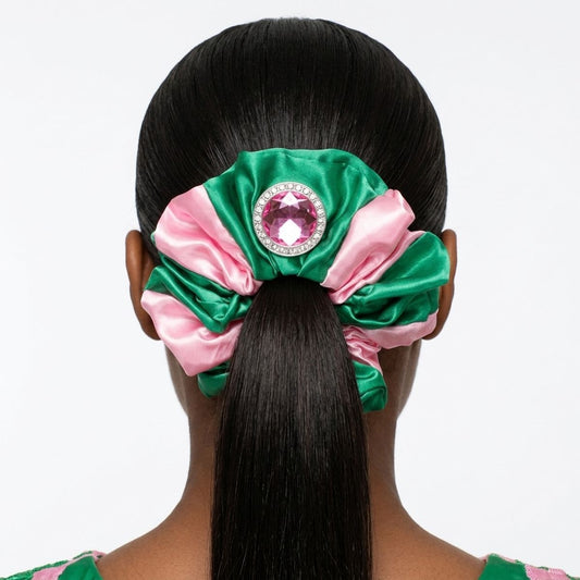 AKA Pink & Green XL Silky Jeweled Hair Scrunchie