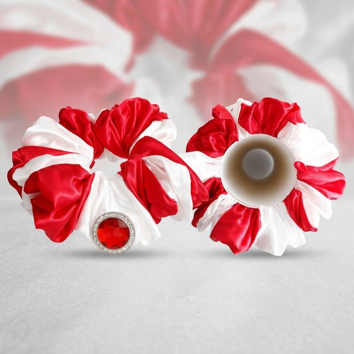 DST Red & White XL Silky Jeweled Hair Scrunchie