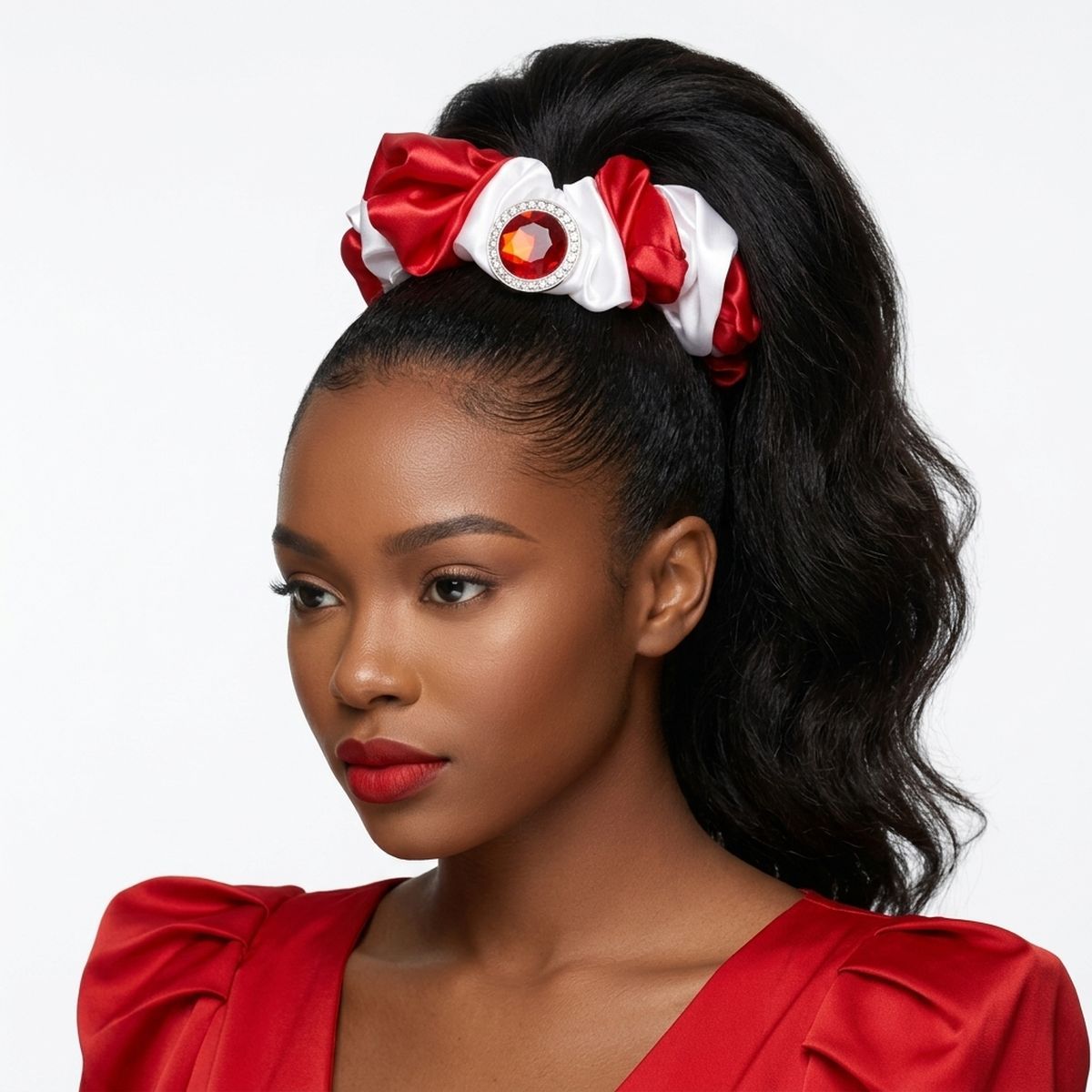 DST Red & White XL Silky Jeweled Hair Scrunchie