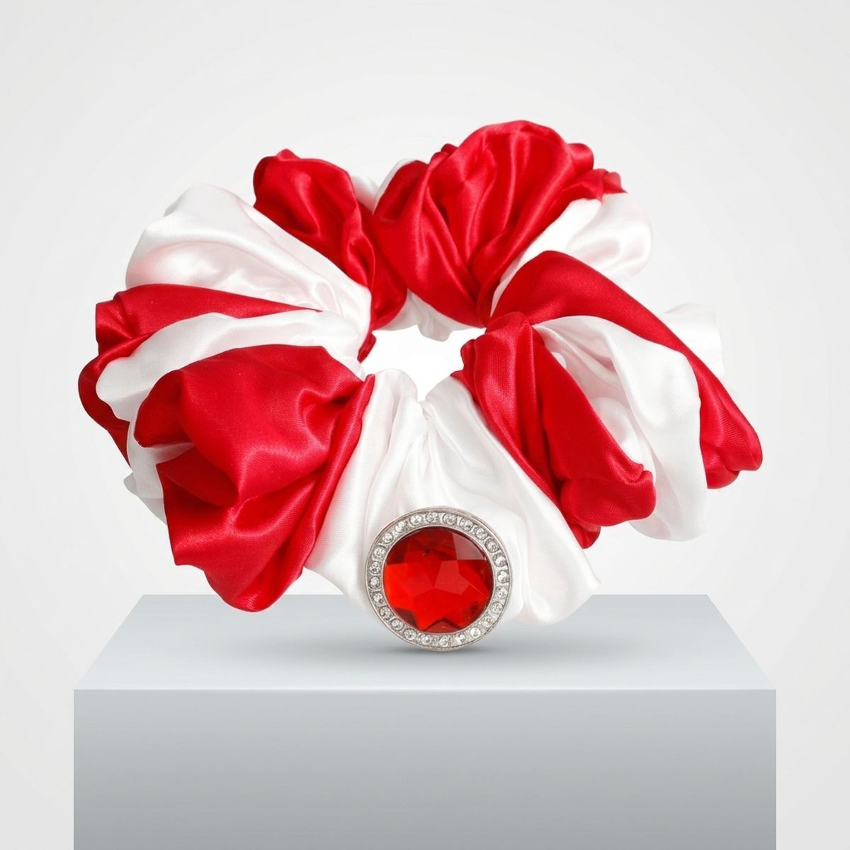 DST Red & White XL Silky Jeweled Hair Scrunchie