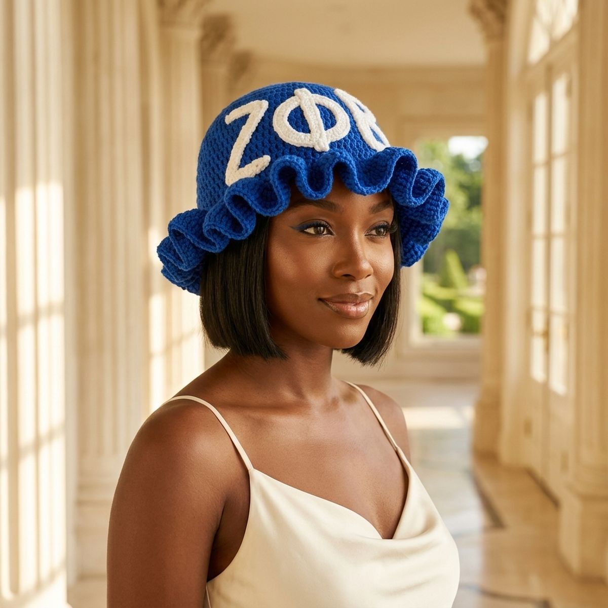 ZPB Blue Greek Crochet Ruffle Bucket Hat