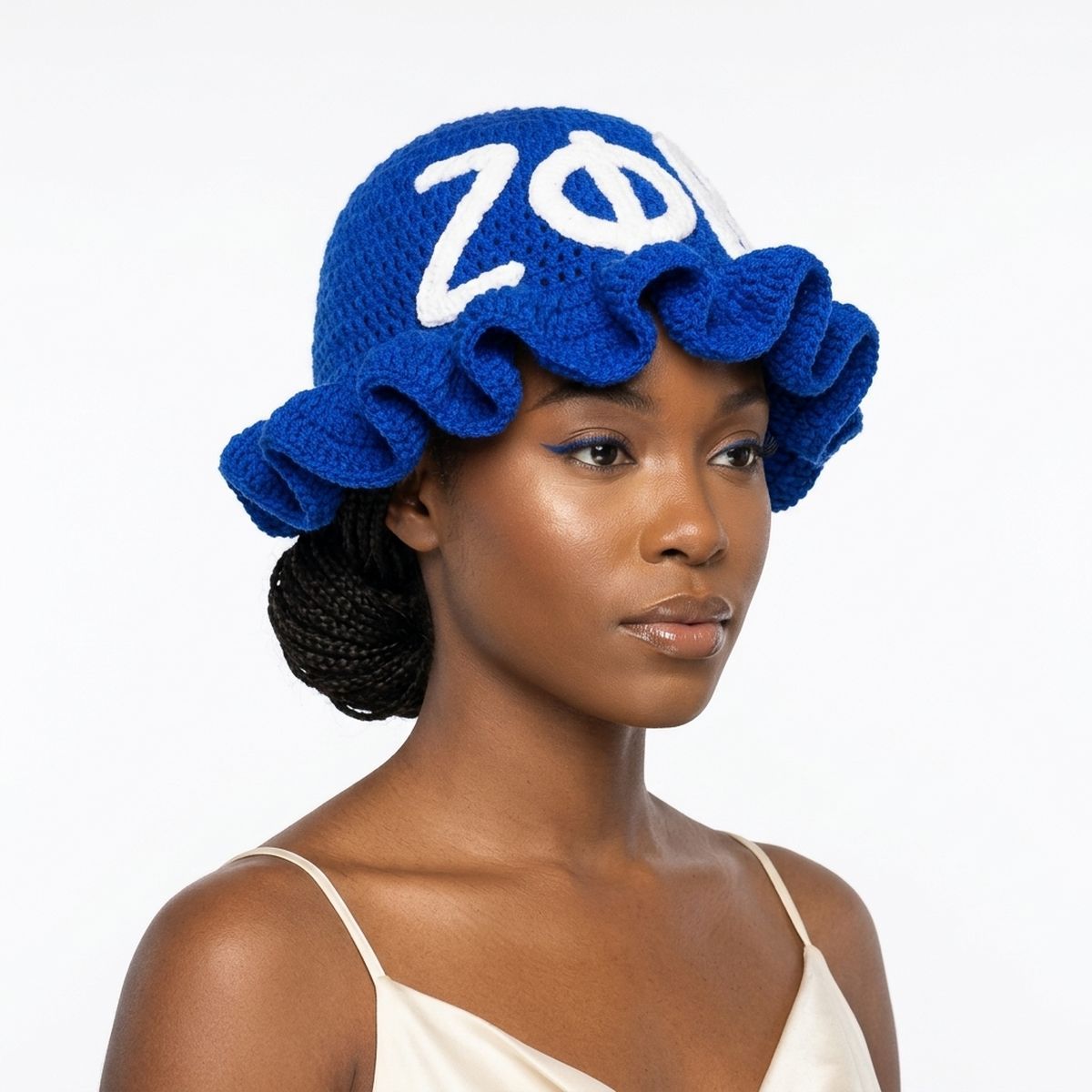 ZPB Blue Greek Crochet Ruffle Bucket Hat