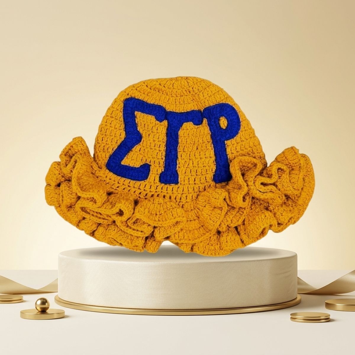 SGRHO Yellow Greek Crochet Ruffle Bucket Hat