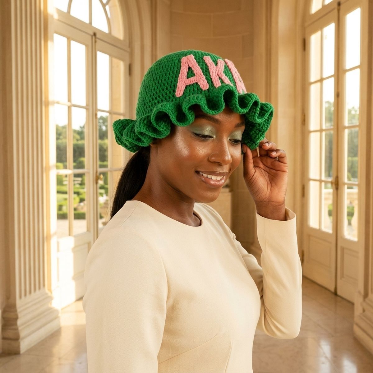 AKA Green Greek Crochet Ruffle Bucket Hat