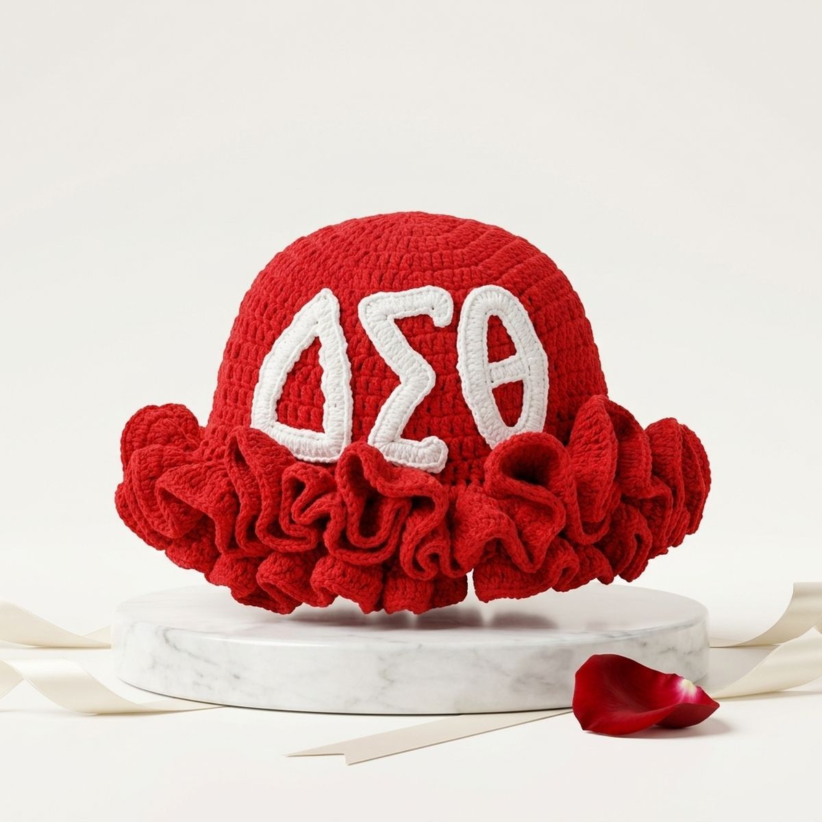DST Red Greek Crochet Ruffle Bucket Hat