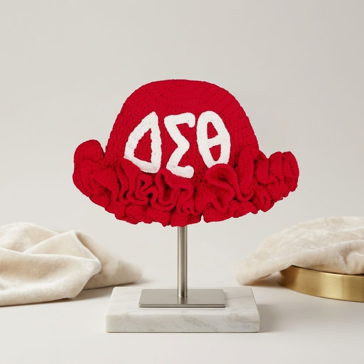 DST Red Greek Crochet Ruffle Bucket Hat