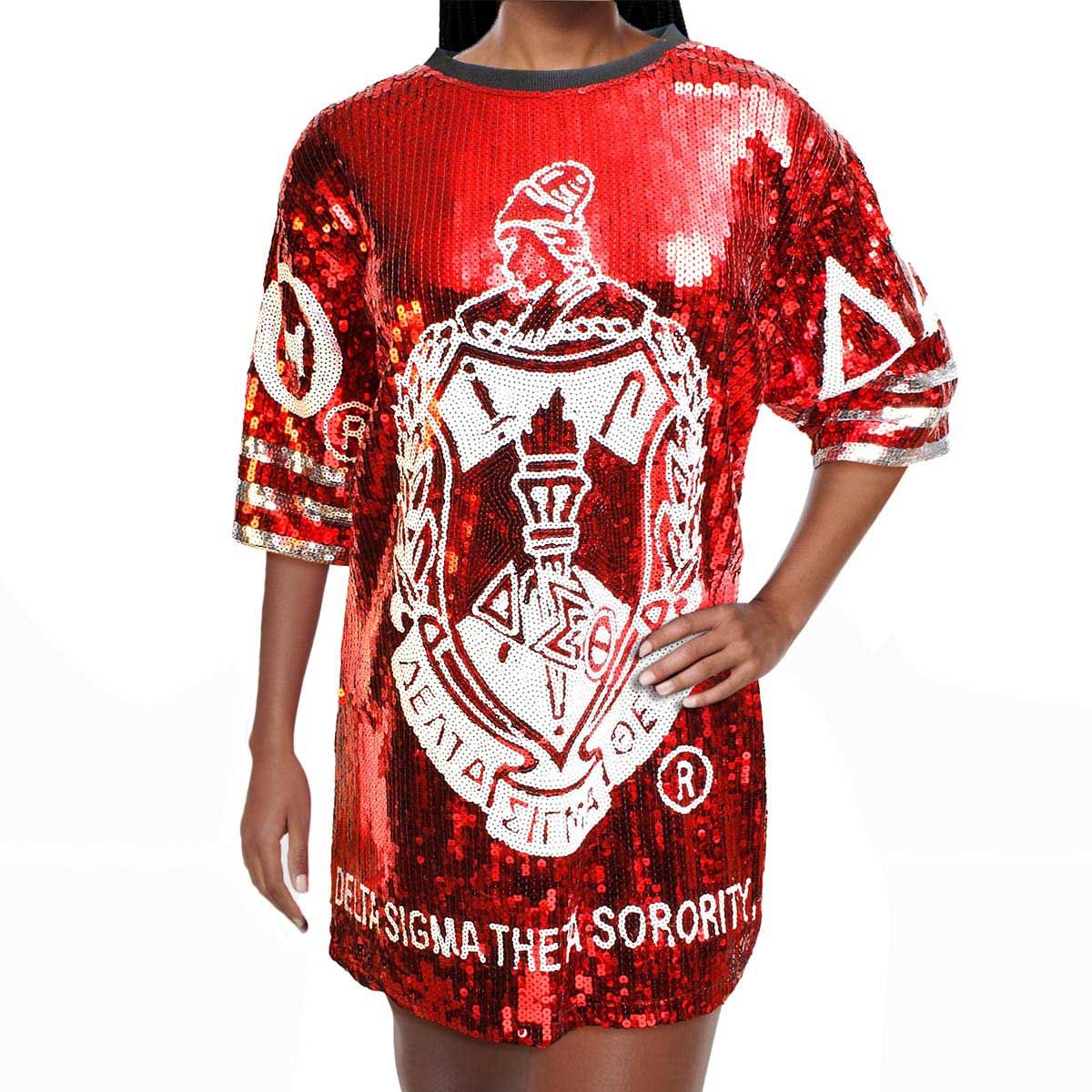 DST Sorority Red and White Sequin Jersey Shirt - Premium Authorized DST Vendor from Pinktown - Just $85! Shop now at chiquestyles