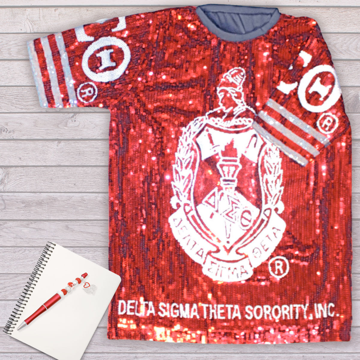 DST Sorority Red and White Sequin Jersey Shirt - Premium Authorized DST Vendor from Pinktown - Just $85! Shop now at chiquestyles