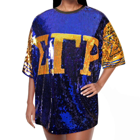 SGRHO Sorority Blue and Gold Sequin Jersey Shirt - Premium Wholesale Boutique Clothing from Pinktown - Just $85! Shop now at chiquestyles