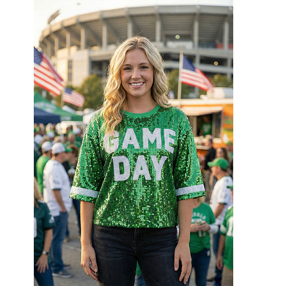Jersey AKA Green White Sequin GAME DAY Crop Top